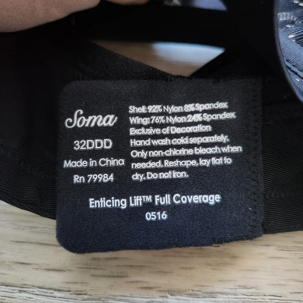 Soma Black Enticing Lift Unlined Full Coverage Lace Bra Womens 32DDD Nwt - Picture 5 of 8